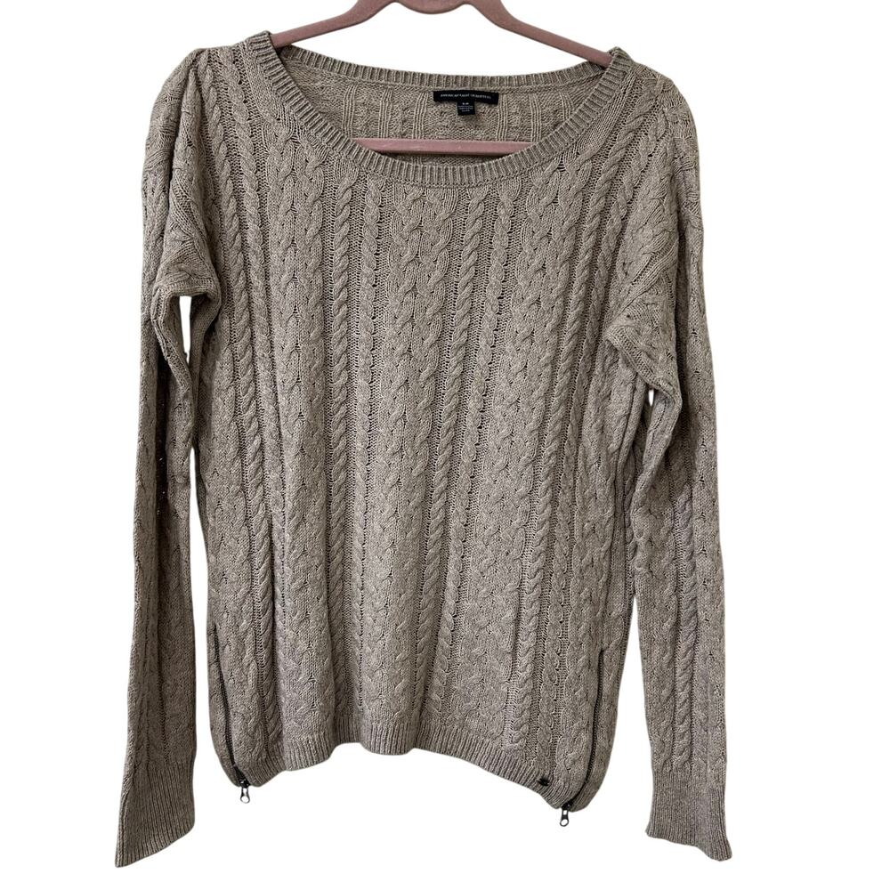 American Eagle Womens Sz Small Tan Cableknit Fitted Sweater Academia Preppy Y2K